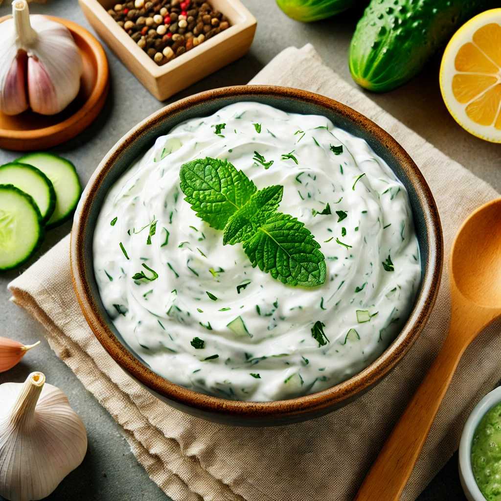 Un bol de tzatziki frais garni de quelques feuilles de menthe, avec une cuillère en bois posée à côté. 