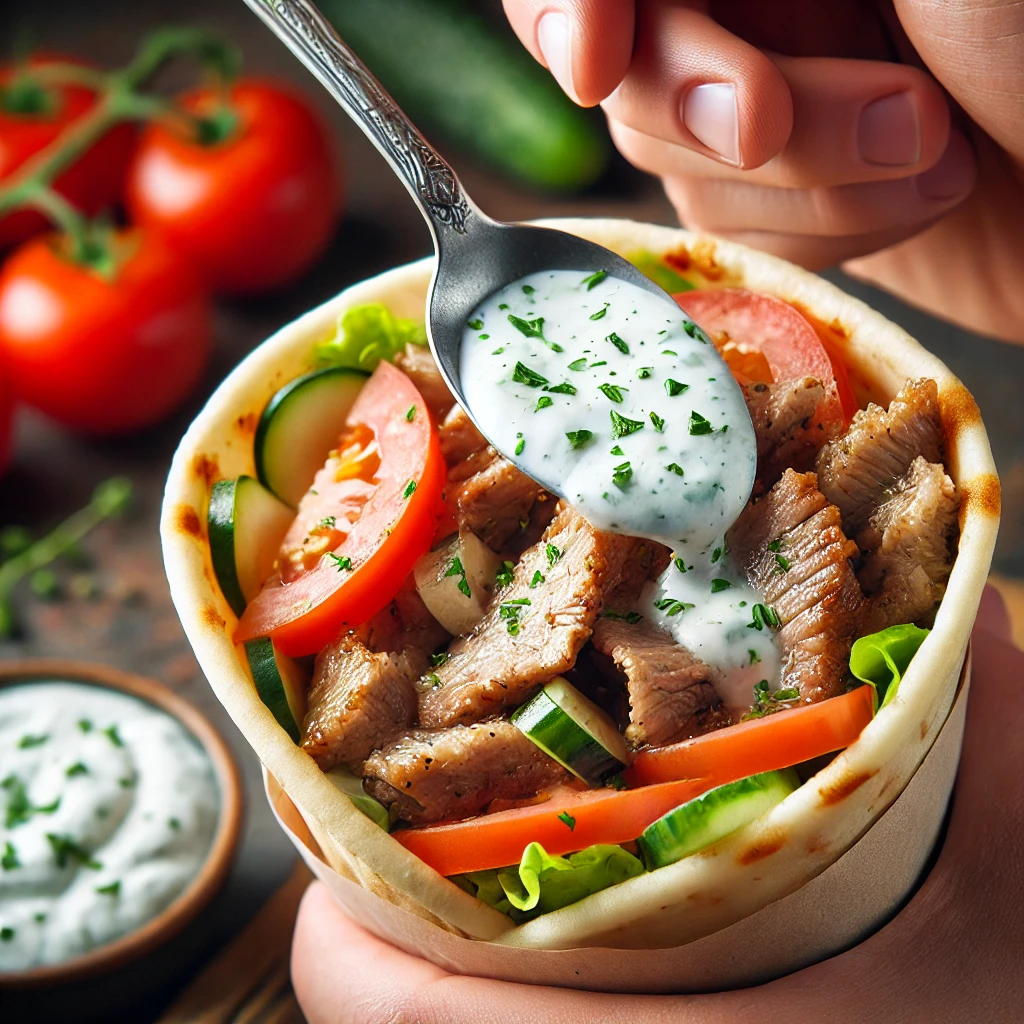 Un close-up d'un gyros en train d'être garni de tzatziki avec une cuillère