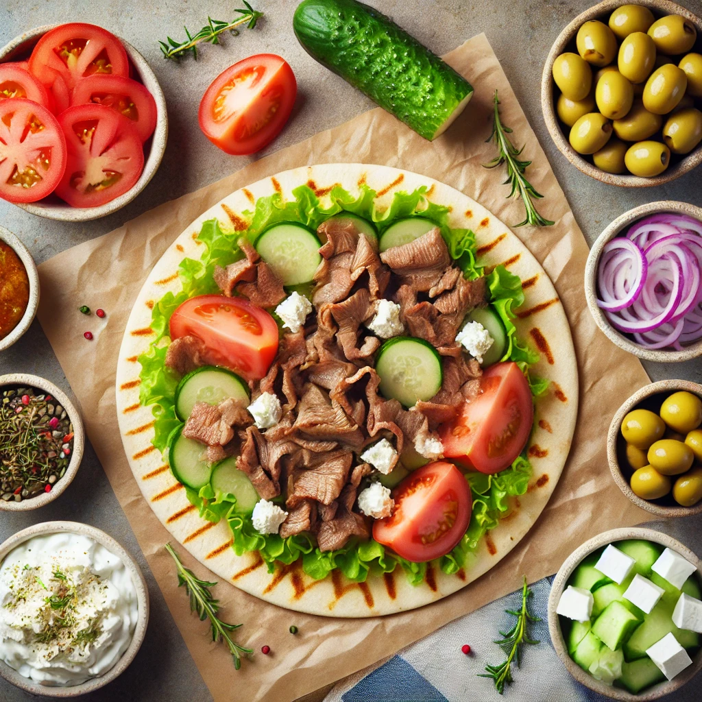  Un gyros ouvert, prêt à être garni, avec des bols de garnitures disposés autour