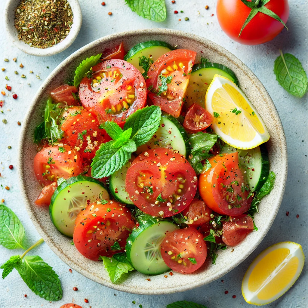 Une vue de dessus d'une salade de tomates et concombres, assaisonnée de zaatar et de jus de citron. Les légumes colorés sont bien visibles, avec une garniture de feuilles de menthe.