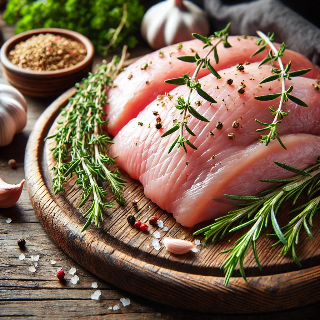 Une vue rapprochée de morceaux de dinde crue, montrant la texture de la viande, sur une planche à découper en bois avec des herbes fraîches et de l'ail.