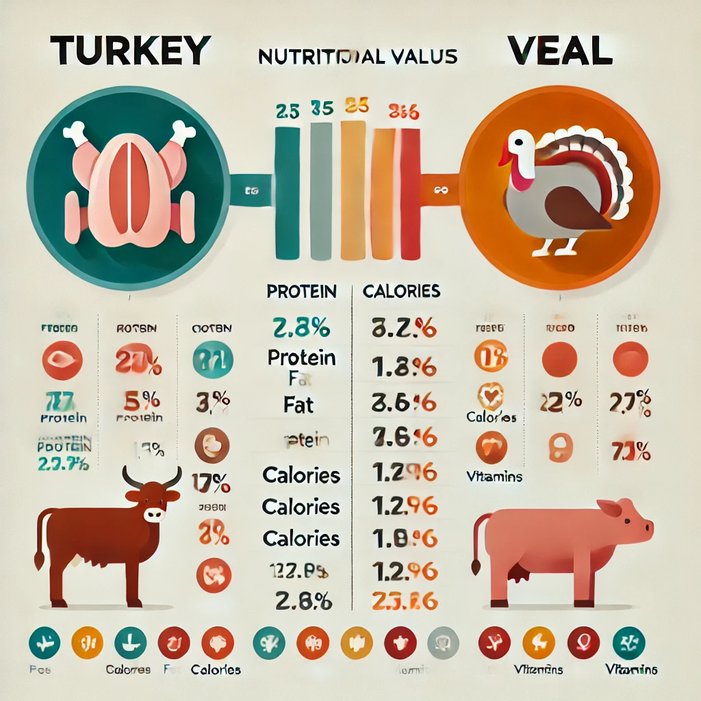 Un graphique comparatif des valeurs nutritionnelles entre la dinde et le veau, avec des icônes représentant les nutriments clés.