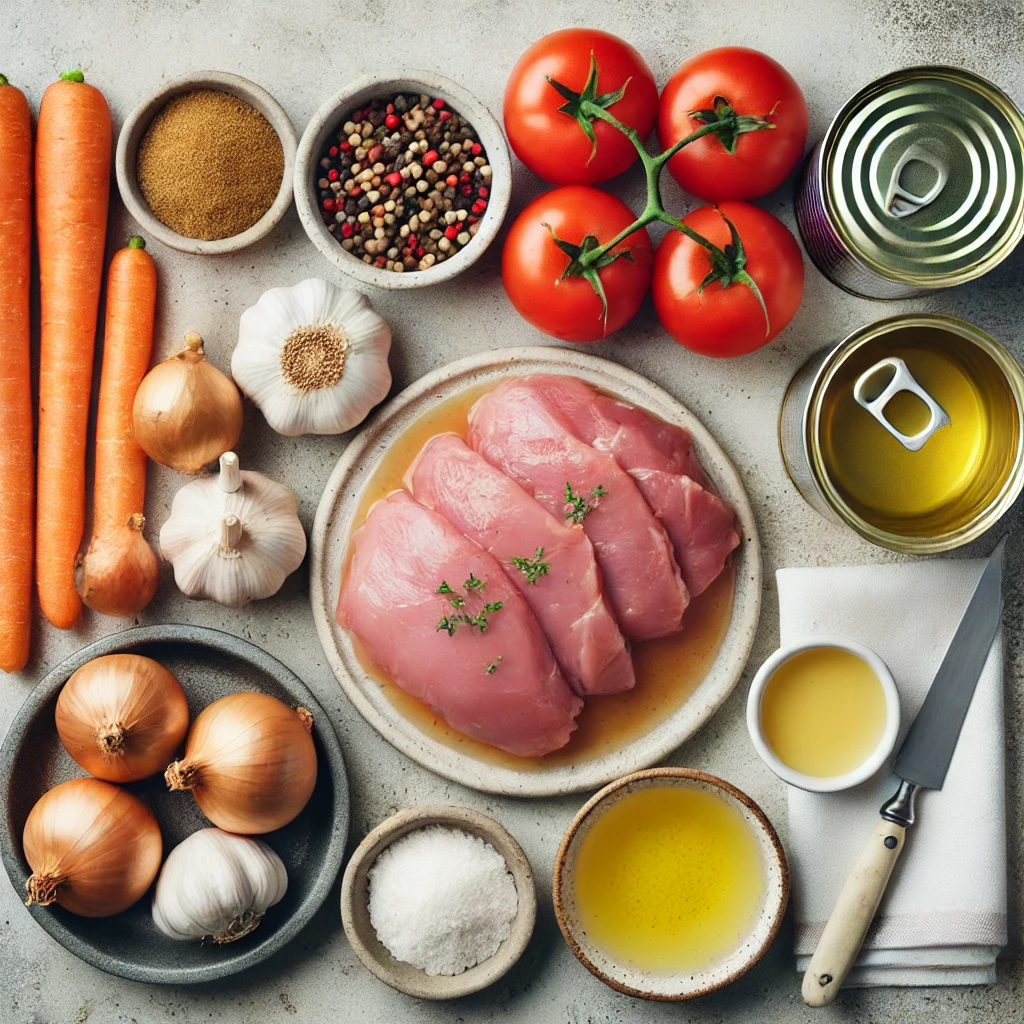 Les ingrédients pour l'osso bucco de dinde disposés sur une table : carottes, oignons, ail, bouillon, tomates concassées, vin blanc, et morceaux de dinde.