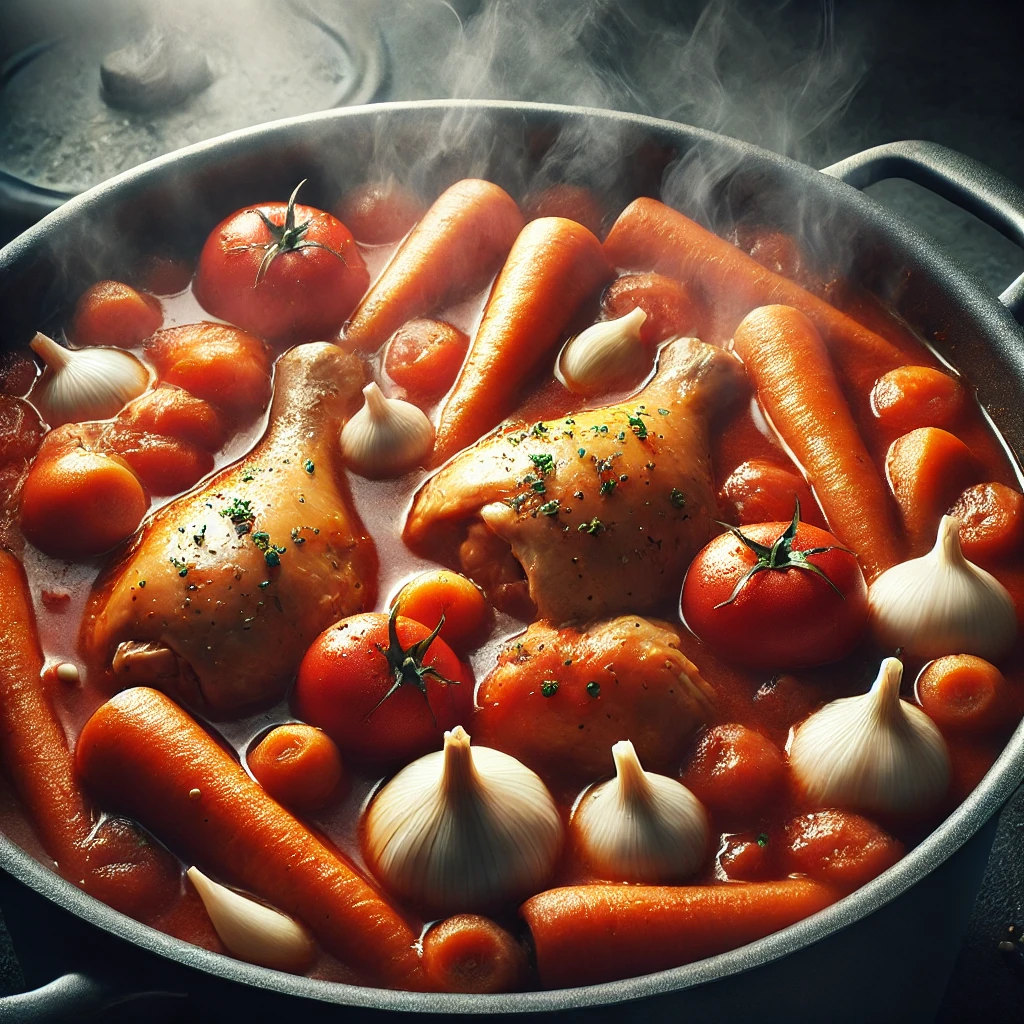 Un close-up montrant la préparation des morceaux de dinde dans une cocotte, avec les légumes en train de mijoter dans la sauce.