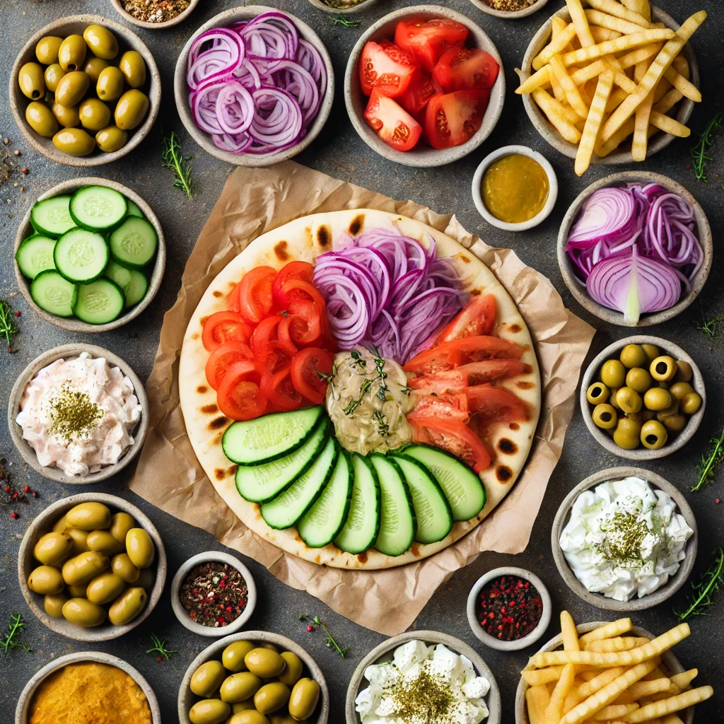 Une vue de dessus d'une table remplie de différentes garnitures pour gyros