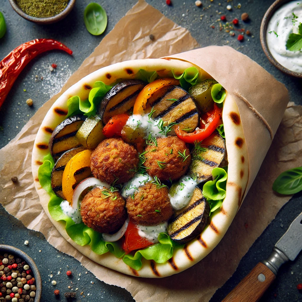 Un gyros végétarien avec des falafels, des légumes grillés et du tzatziki, bien emballé dans un pain pita