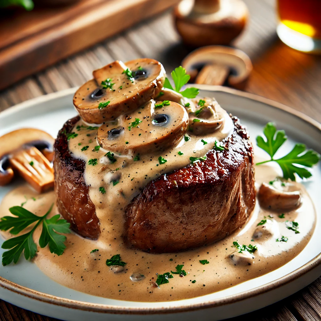  Un close-up du filet mignon nappé de sauce crème et champignons, servi dans une assiette blanche avec des herbes fraîches en garniture.