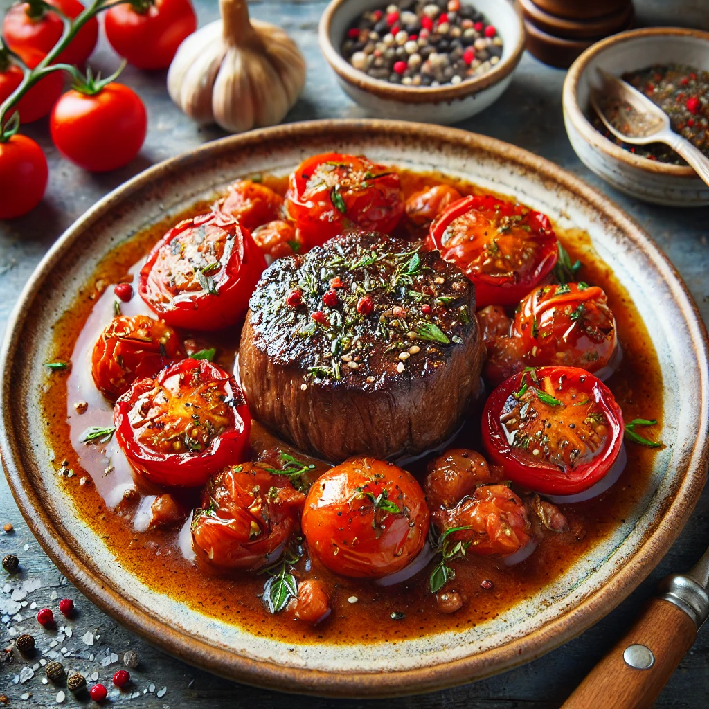 Un plat de filet mignon aux tomates, avec des herbes de Provence et des morceaux de tomates visibles dans la sauce.