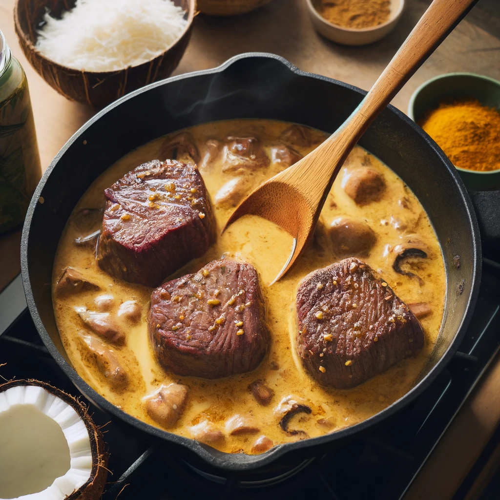 Une image montrant la préparation dans le Cookeo, avec le lait de coco et le curry visibles.