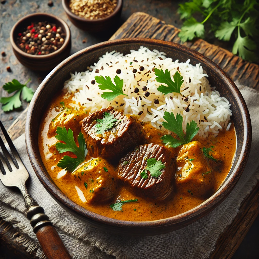 Un bol de filet mignon au curry avec une portion de riz basmati, décoré avec des feuilles de coriandre fraîche.