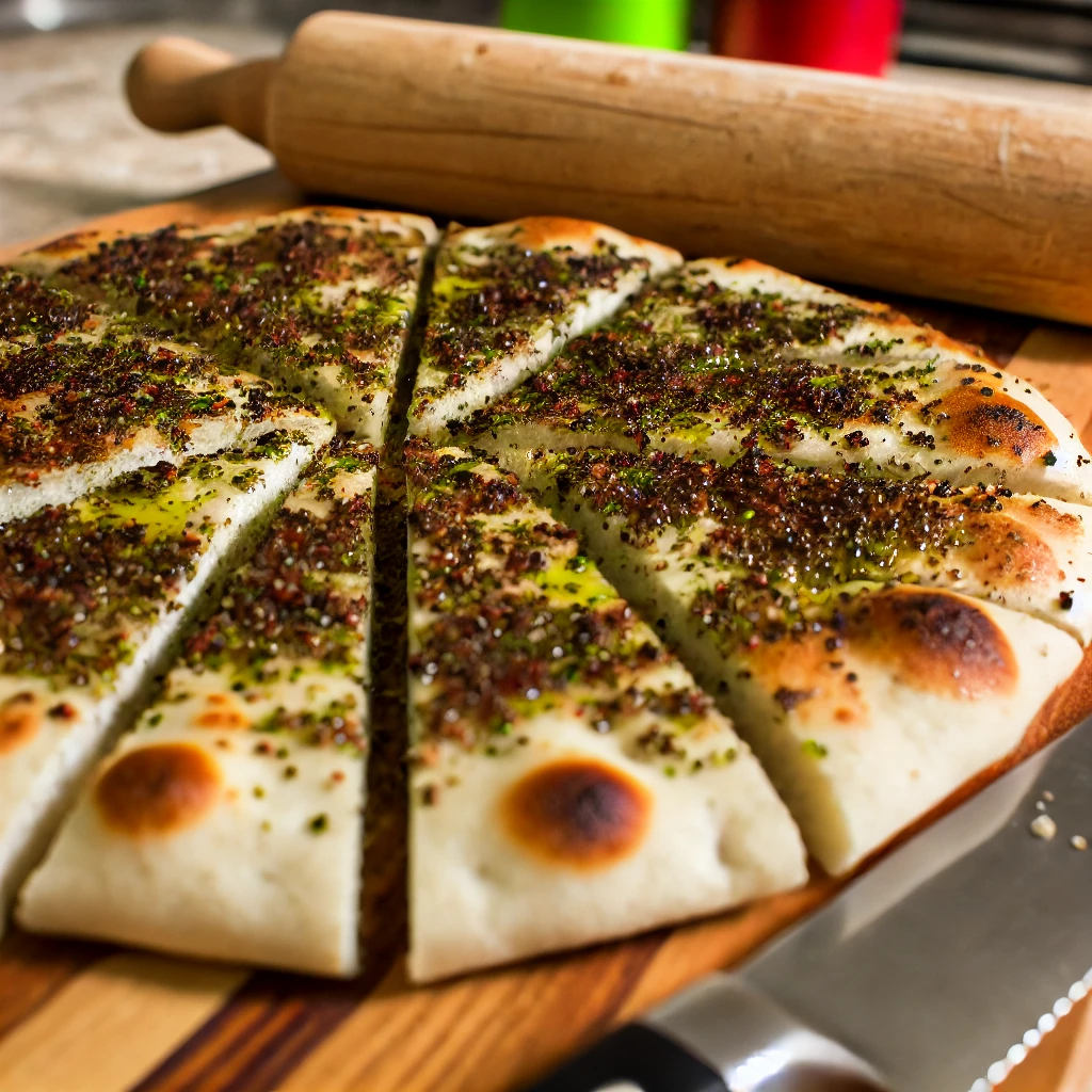  Une image montrant une galette manakish fraîchement cuite, garnie de zaatar et d'huile d'olive. La galette est coupée en quartiers, et l'image montre une vue en perspective où l'on voit également un couteau et une planche à découper.