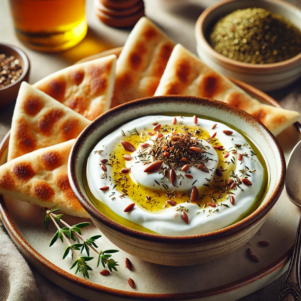 Un bol de yaourt grec parsemé de zaatar, avec un filet d'huile d'olive. À côté, une assiette avec des tranches de pain pita toasté, prête à être trempée dans le zaatar.