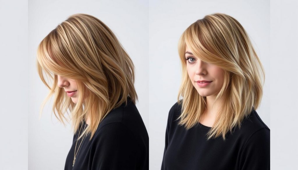 coupe cheveux mi long dégradé effilé avec frange